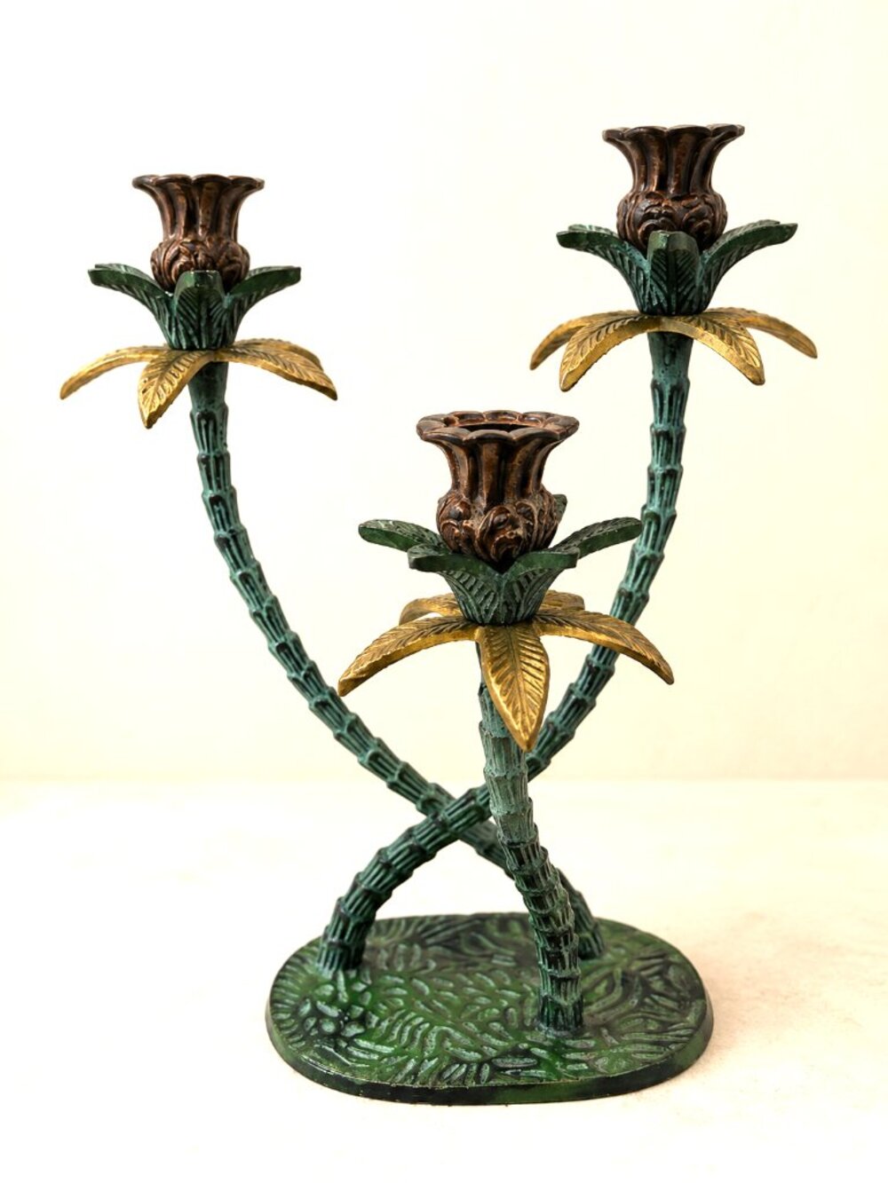 Vintage 1970s Tropical Palm Tree Cast Iron Candelabra Candle Holder